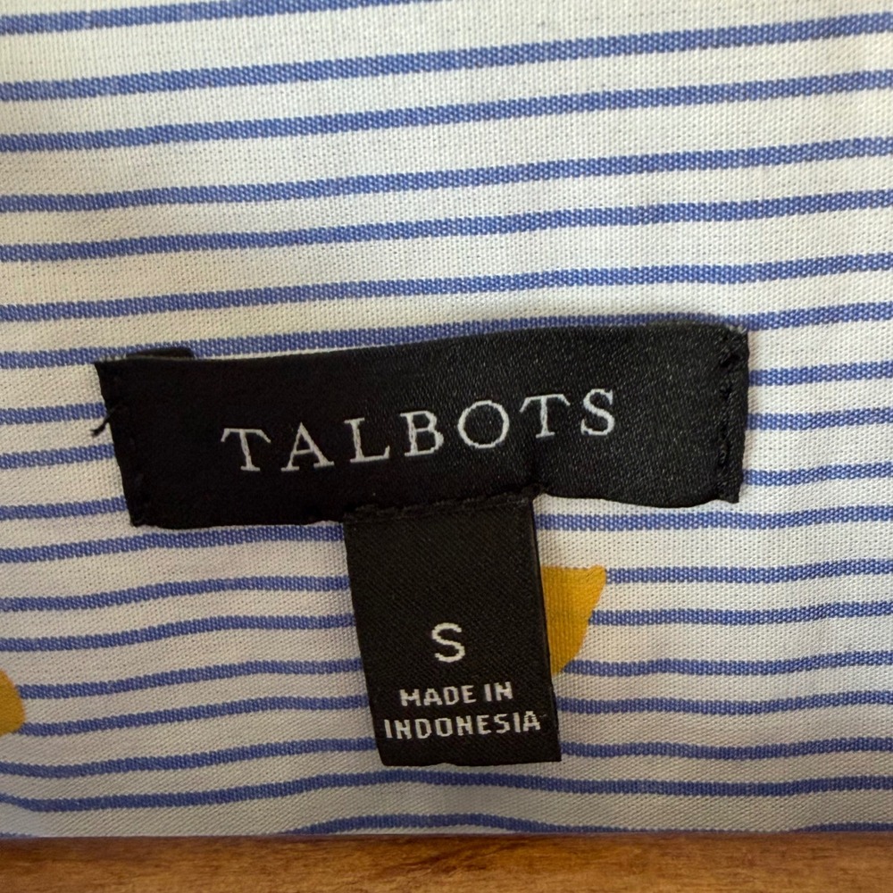 Talbots Button Up Blouse S Blue White Striped Gold Heart 100% Cotton Ruffle - Picture 3 of 11